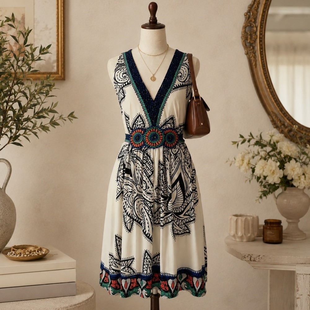 ECI New York Beaded Tribal Boho Sleeveless Dress L Stretchy Resortwear Geometric